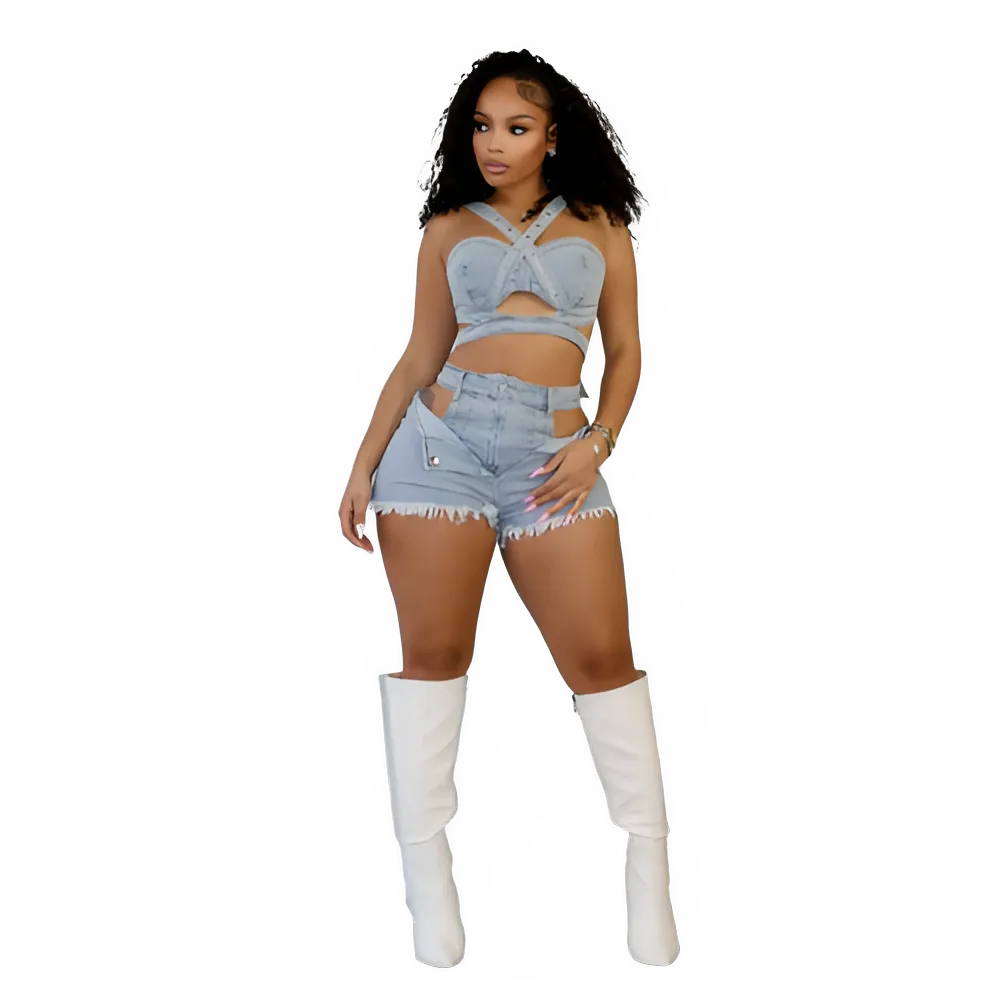 Summer Denim Cutout Two-Piece Set