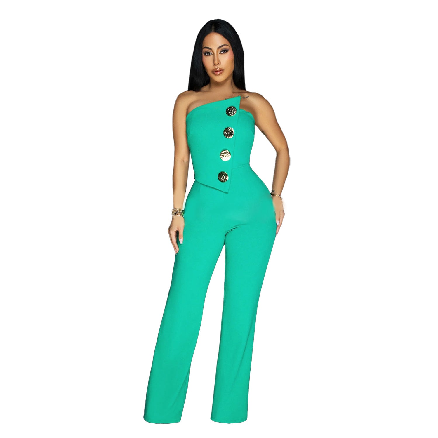 Fashion women's sleeveless button up jumpsuit pants