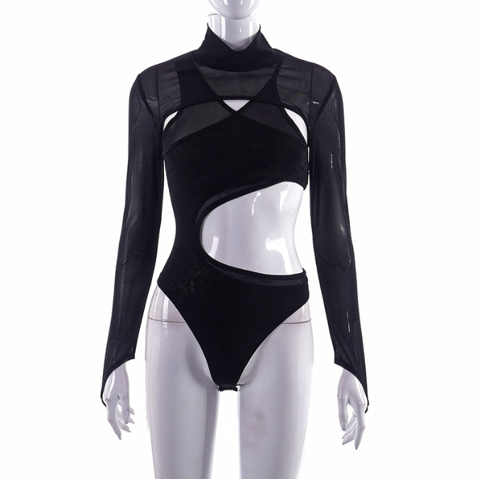 New Fashion Sexy Mesh Perspective Tight Long Sleeve Bodysuit