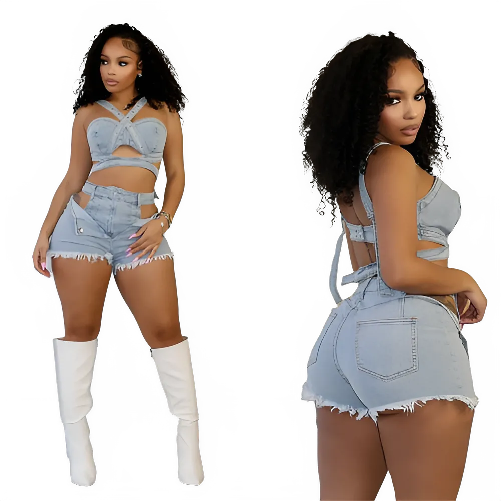 Denim Crop Top & Cutout Shorts Set