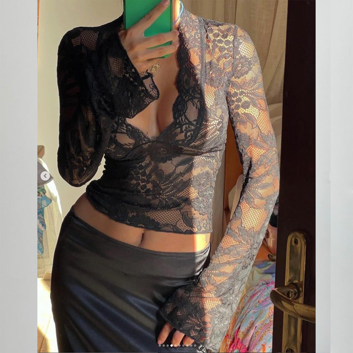 Sexy deep V slim fit versatile long sleeved lace top for women