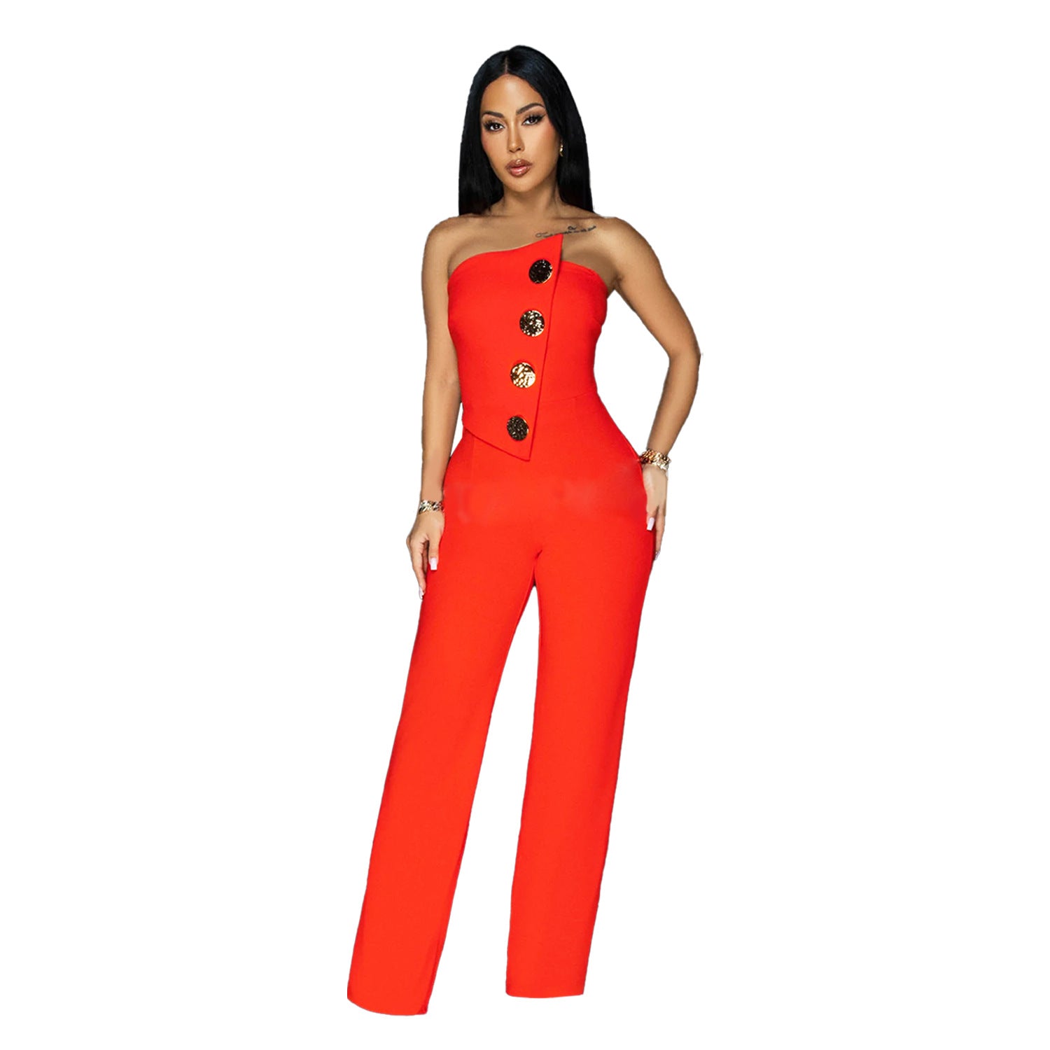 Fashion women's sleeveless button up jumpsuit pants