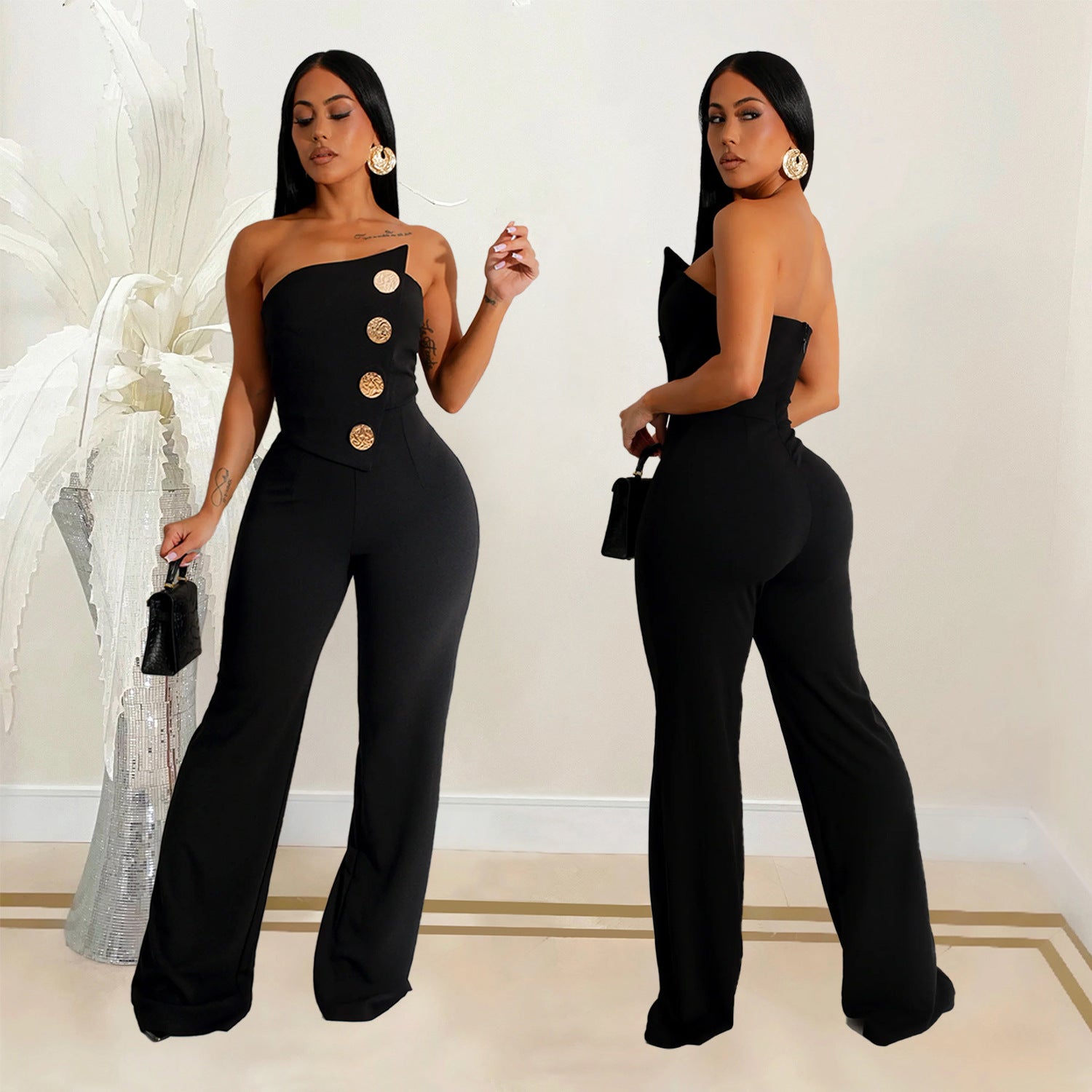 Fashion women's sleeveless button up jumpsuit pants