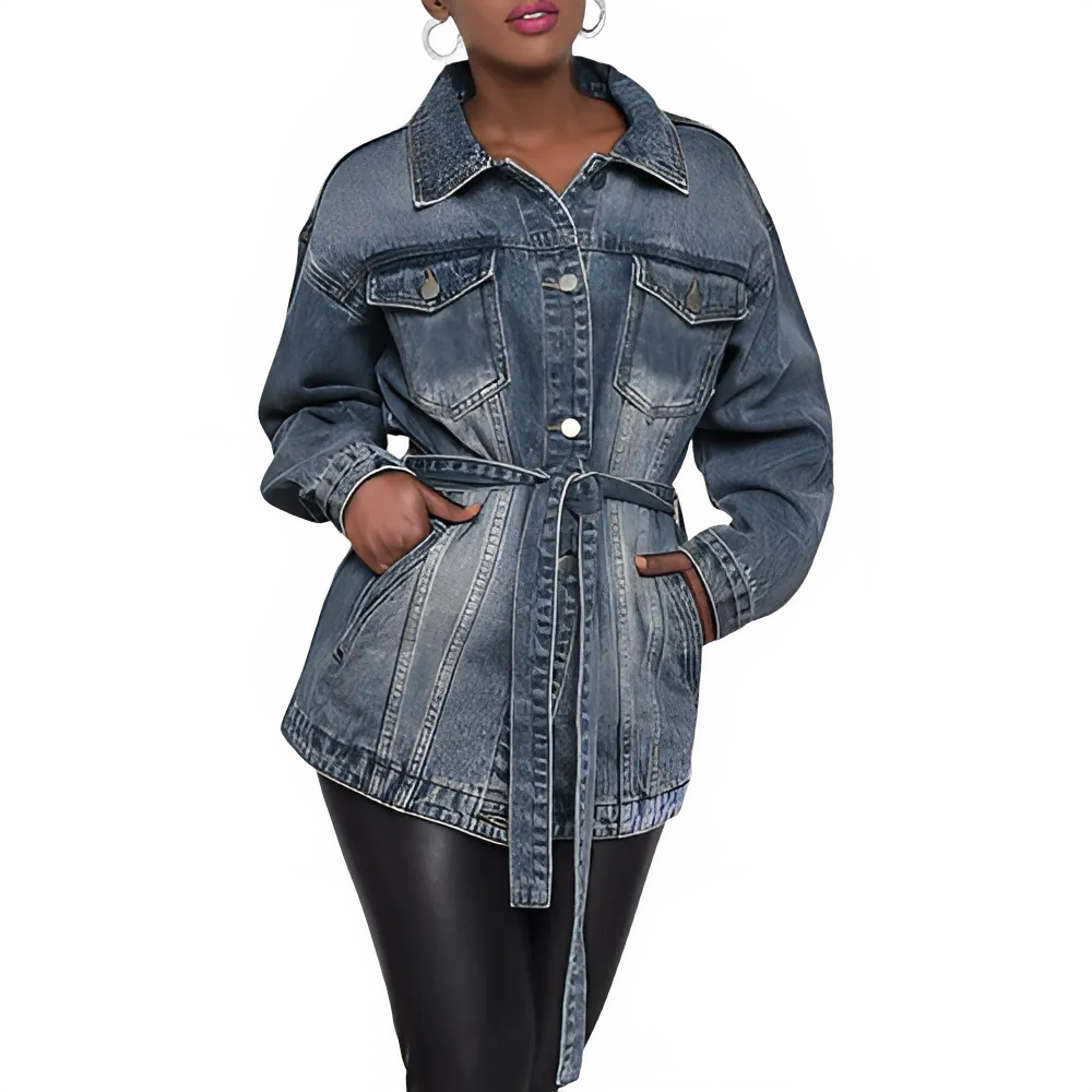 Women's Denim Jacket With Waist Belt Mid Length Casual Slim Lapel Button Down Denim Shirt For Women Autumn Female Chic Outfits