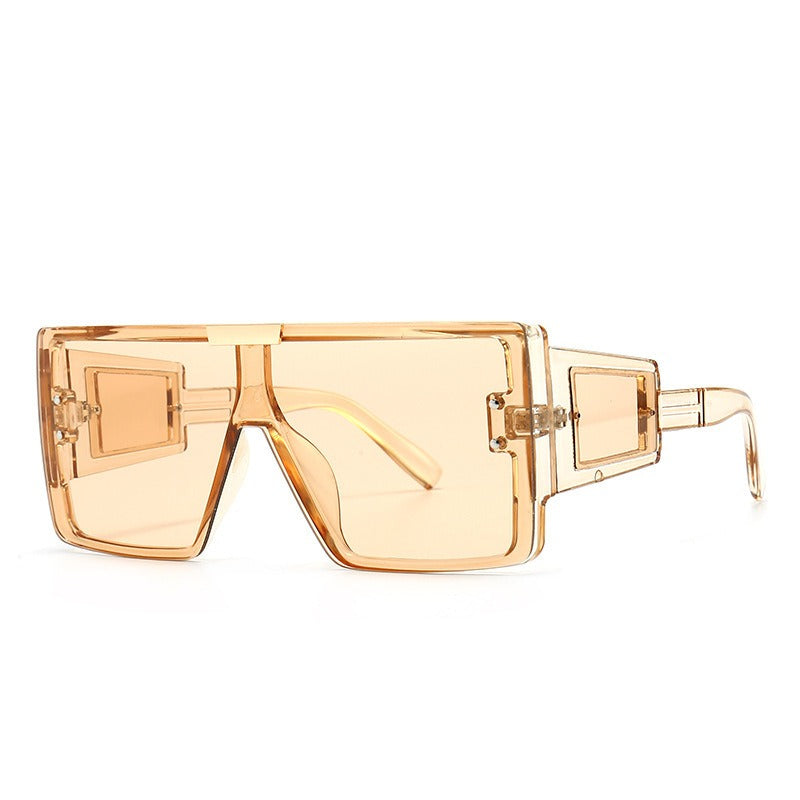 Large frame sunglasses with widened legs and patch sunglasses