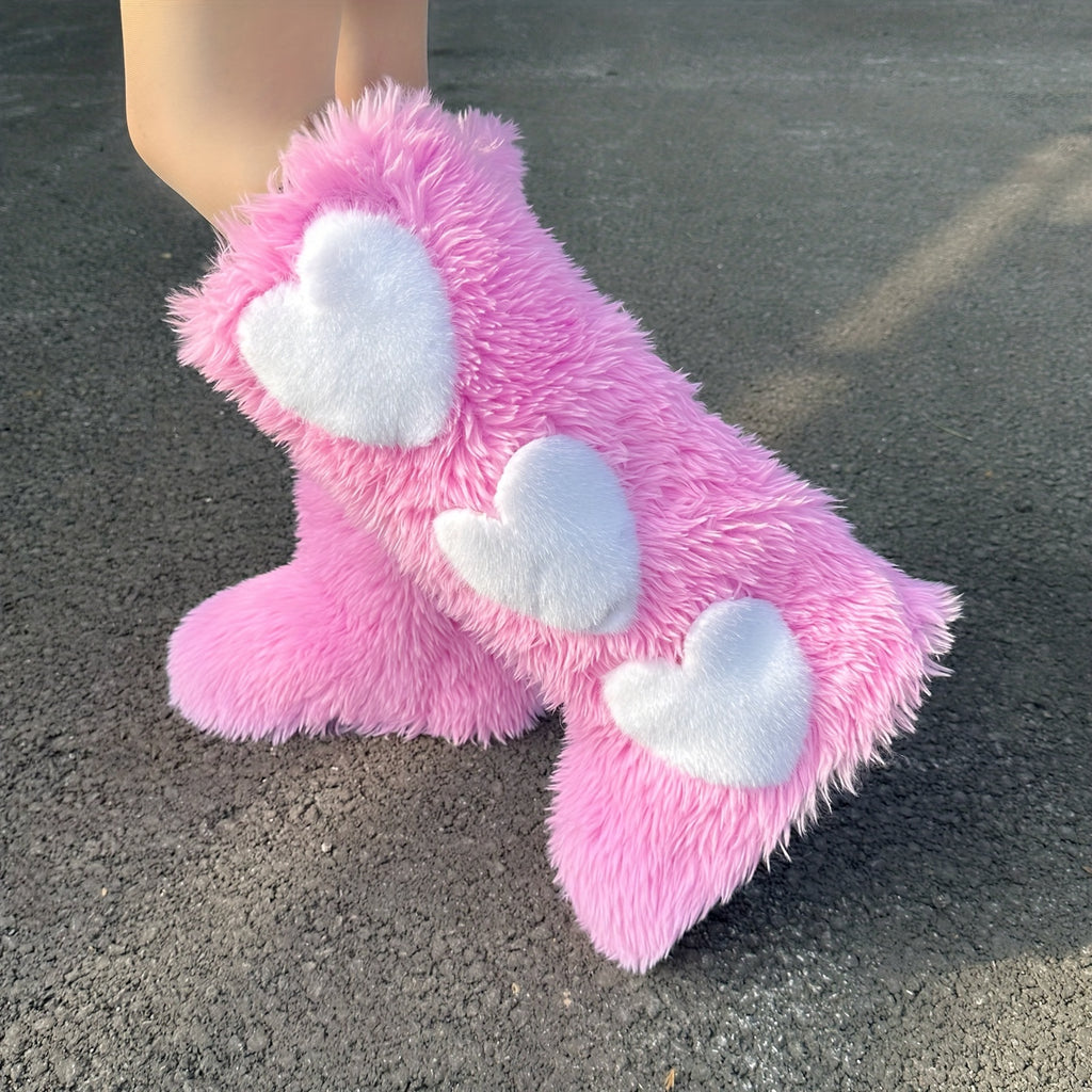 2024 Women's Autumn & Winter Warm Fur Boots, Fashionable & Chic Long Boots, Heart Decor Fur Shoes