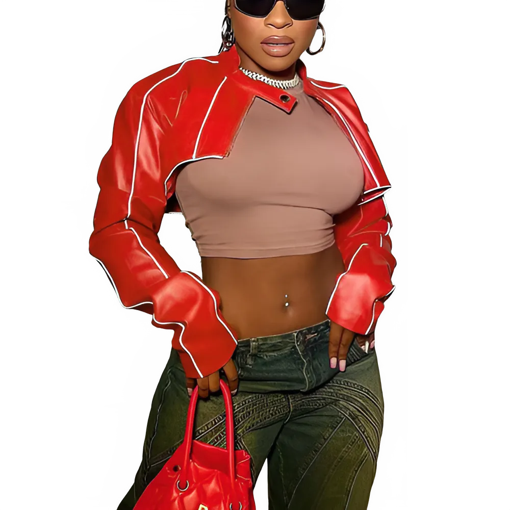 Red Cropped Faux Leather Motorcycle Jacket