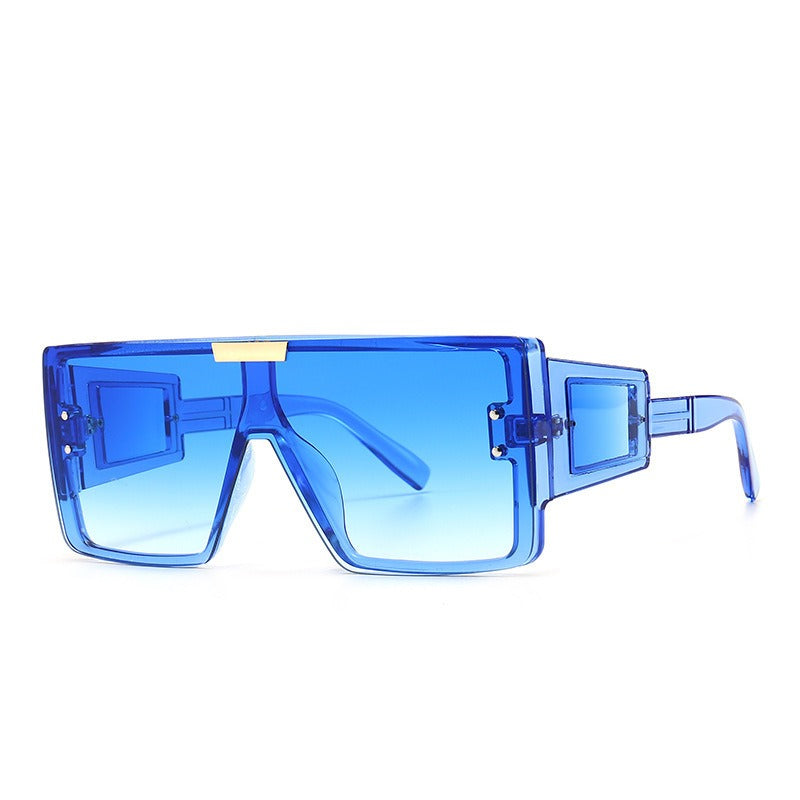 Large frame sunglasses with widened legs and patch sunglasses