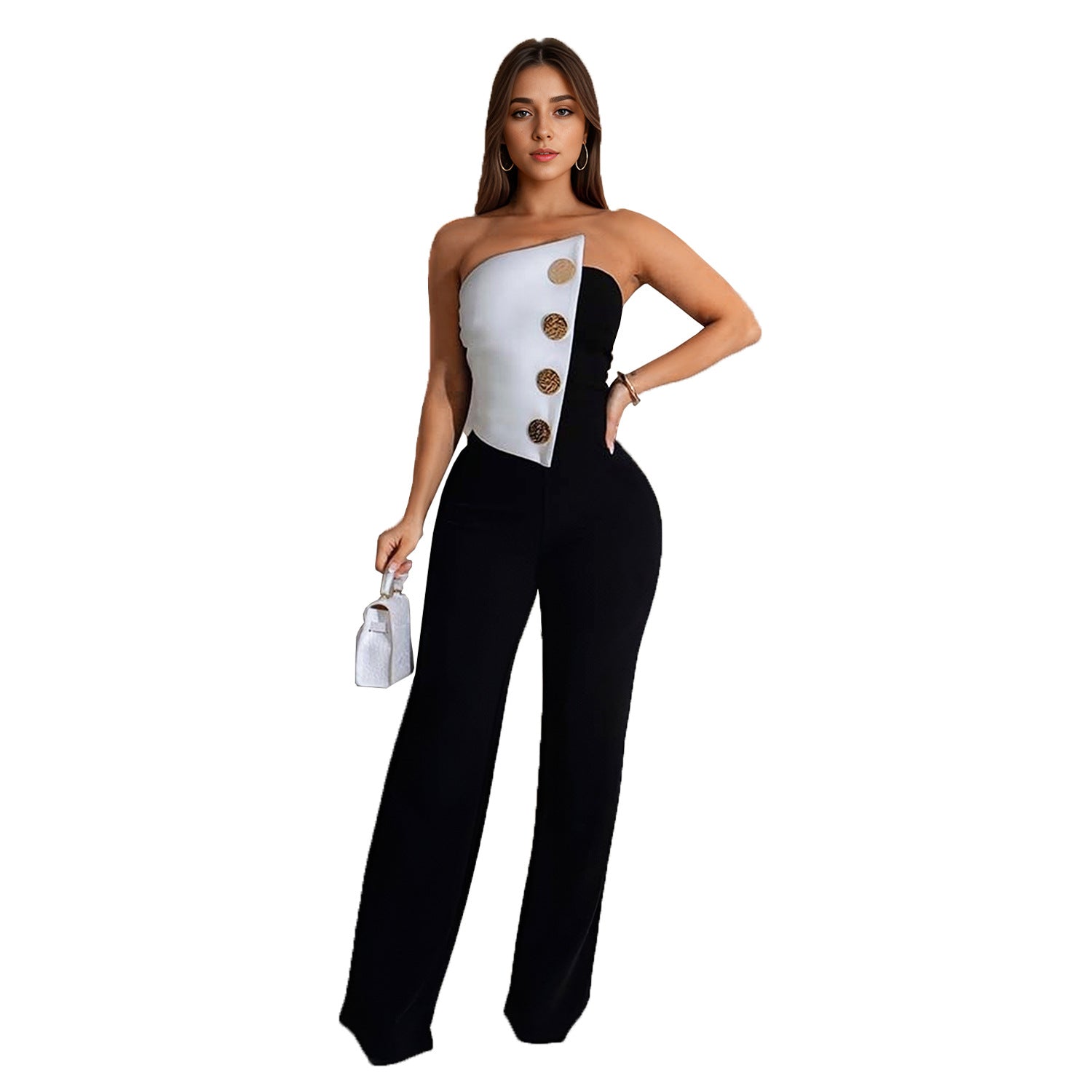 Fashion women's sleeveless button up jumpsuit pants