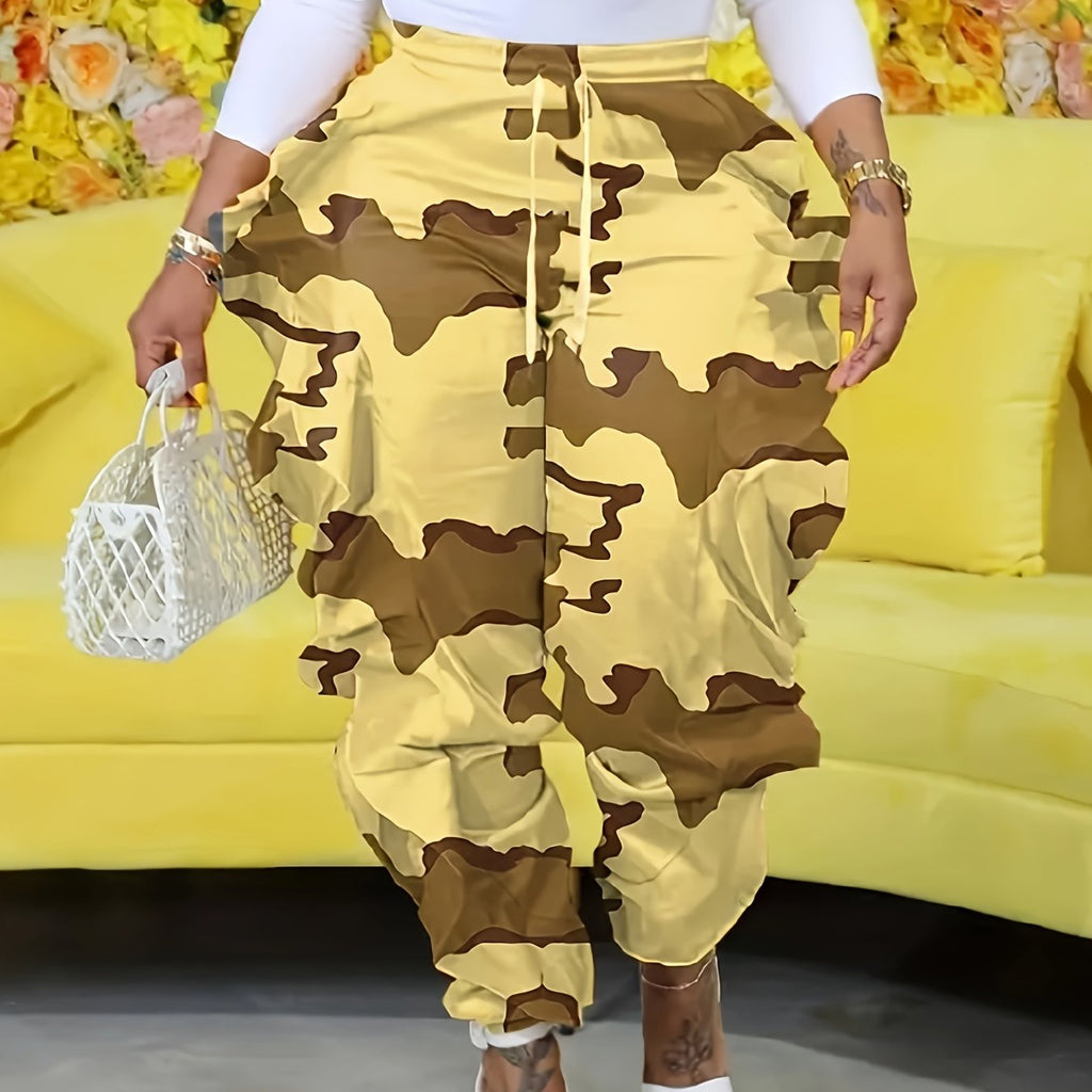 Camouflage Print Ruffle Trim Pants, Casual Drawstring Pants For Spring & Fall, Women's Clothing