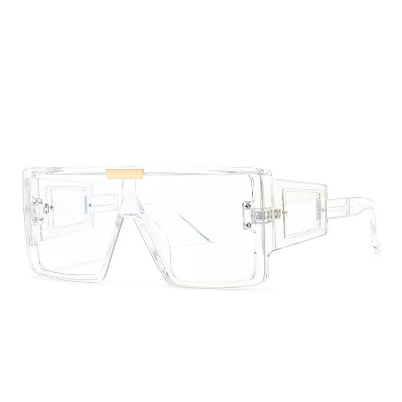 Large frame sunglasses with widened legs and patch sunglasses
