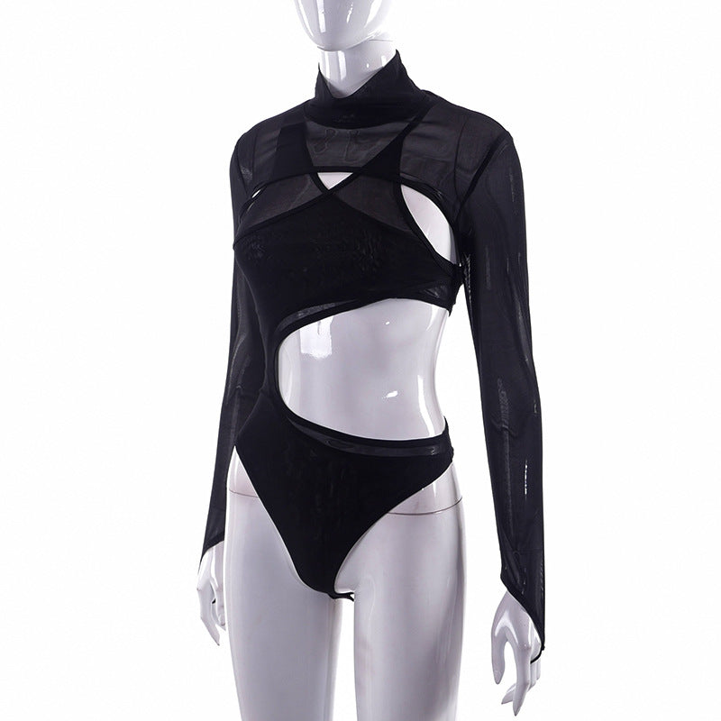 New Fashion Sexy Mesh Perspective Tight Long Sleeve Bodysuit