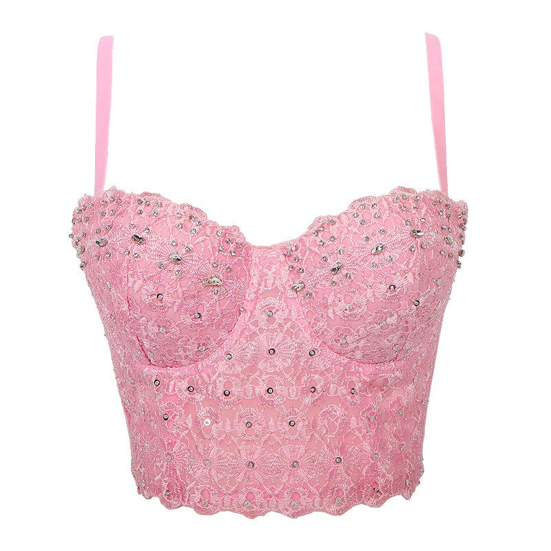 Open back lace embroidery bright diamond wrapped chest fishbone bra, small camisole vest