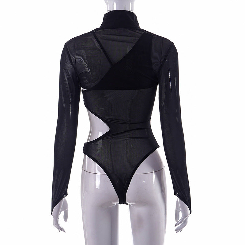 New Fashion Sexy Mesh Perspective Tight Long Sleeve Bodysuit