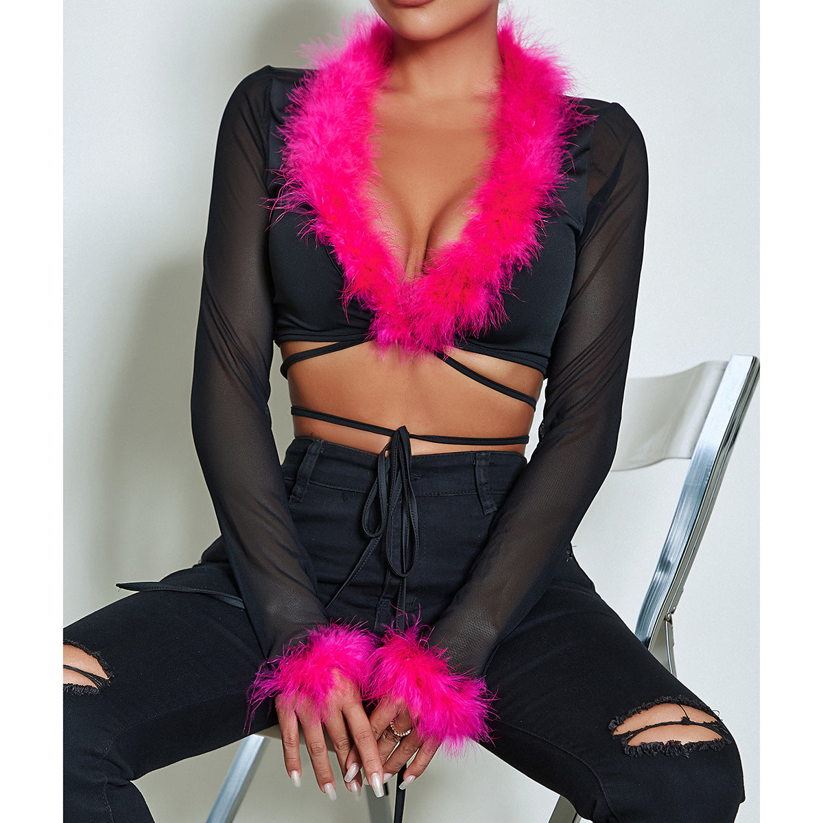 Tie up cardigan sexy V-neck slim fit top for women