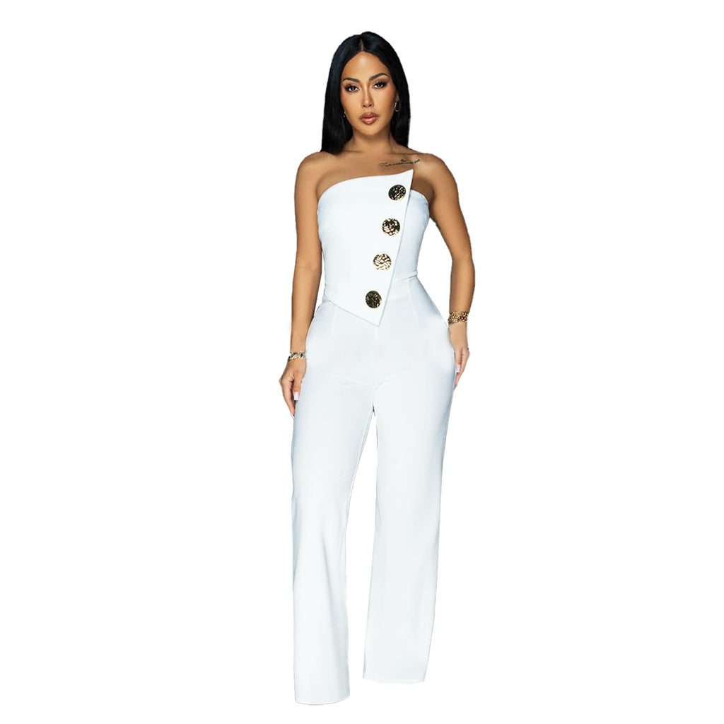 Fashion women's sleeveless button up jumpsuit pants