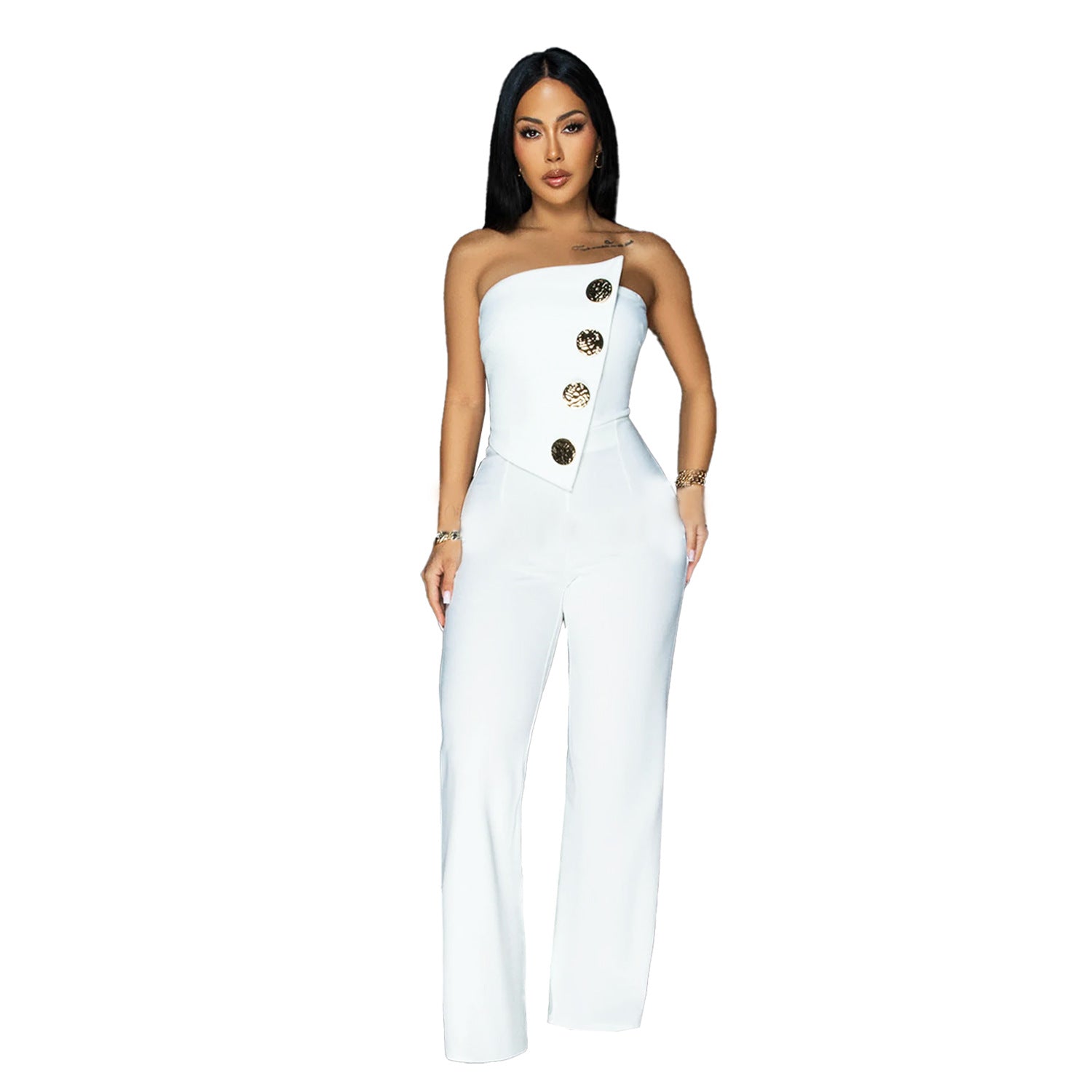 Fashion women's sleeveless button up jumpsuit pants