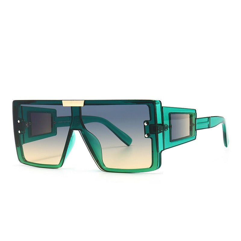 Large frame sunglasses with widened legs and patch sunglasses