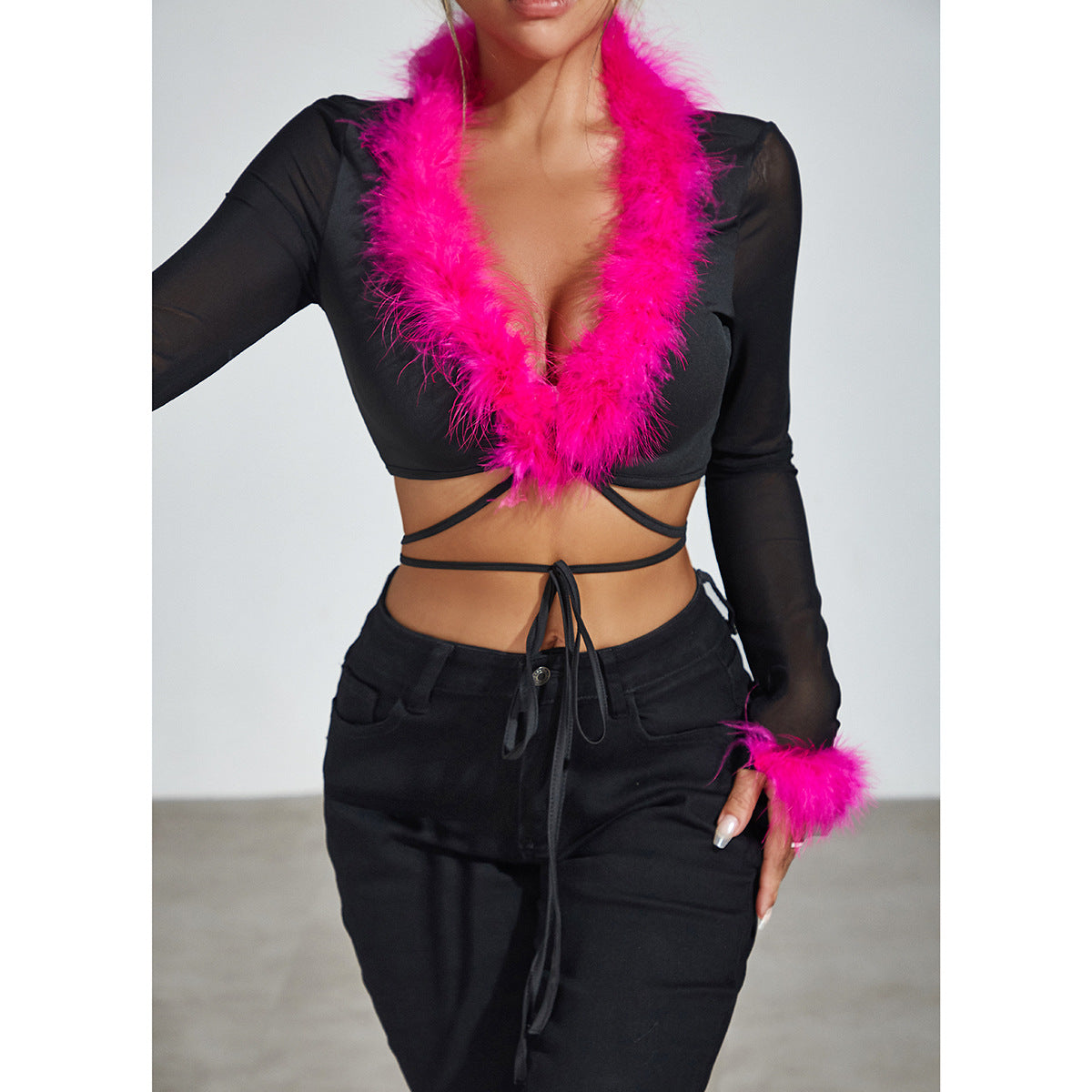 Tie up cardigan sexy V-neck slim fit top for women