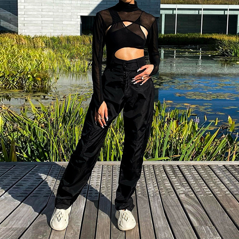 New Fashion Sexy Mesh Perspective Tight Long Sleeve Bodysuit