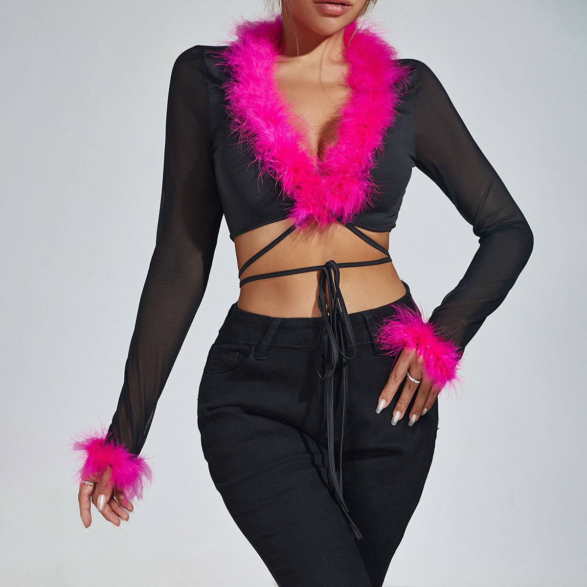 Tie up cardigan sexy V-neck slim fit top for women