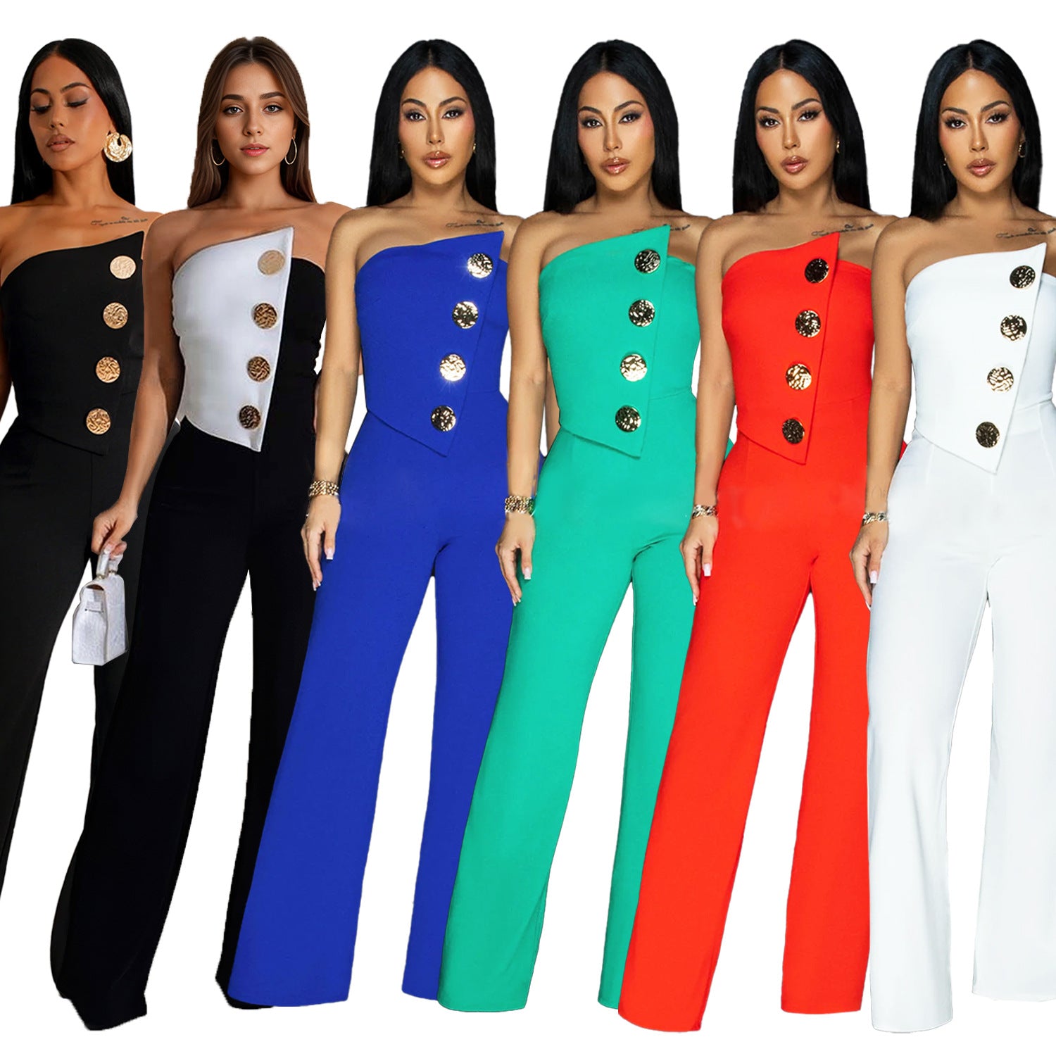 Fashion women's sleeveless button up jumpsuit pants