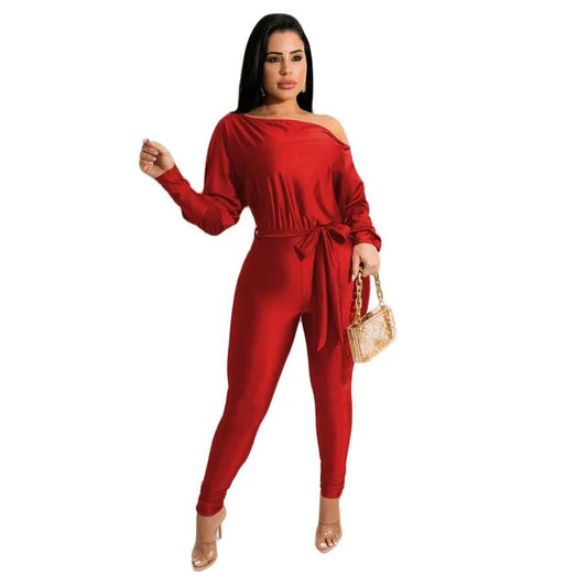 Autumn Women Clothing New Style Hot Sale Fashion Sexy Solid Color One Shoulder Lace Up Long Sleeved Trousers Jumpsuit