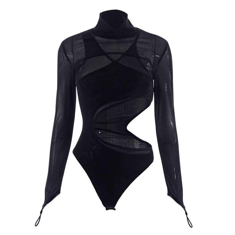 New Fashion Sexy Mesh Perspective Tight Long Sleeve Bodysuit