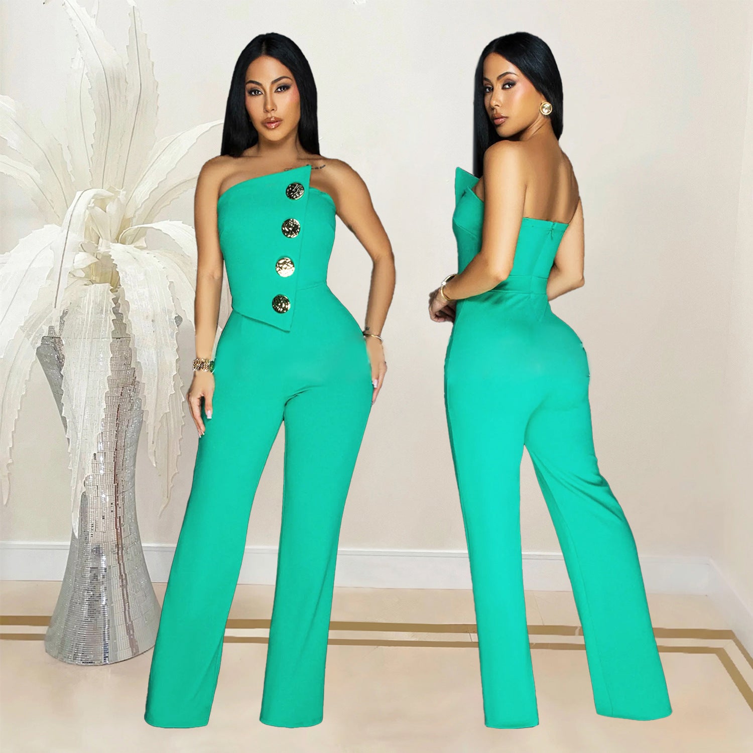 Fashion women's sleeveless button up jumpsuit pants