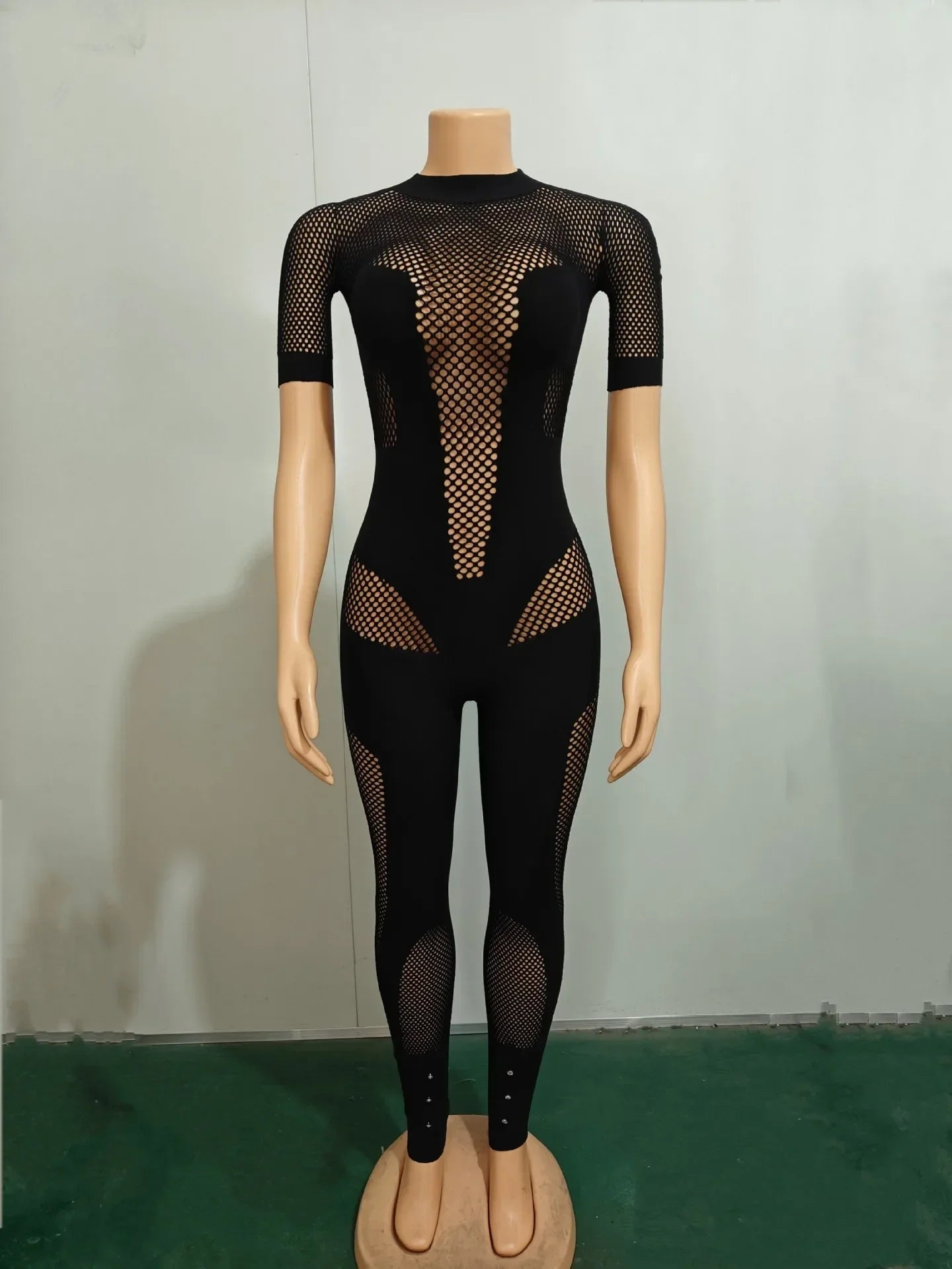 CM.YAYA Short Sleeve Women Mesh Hollow Out O-neck Rompers Jumpsuits 2024 Summer Sleep Night Club Party One Piece Sexy Outfits