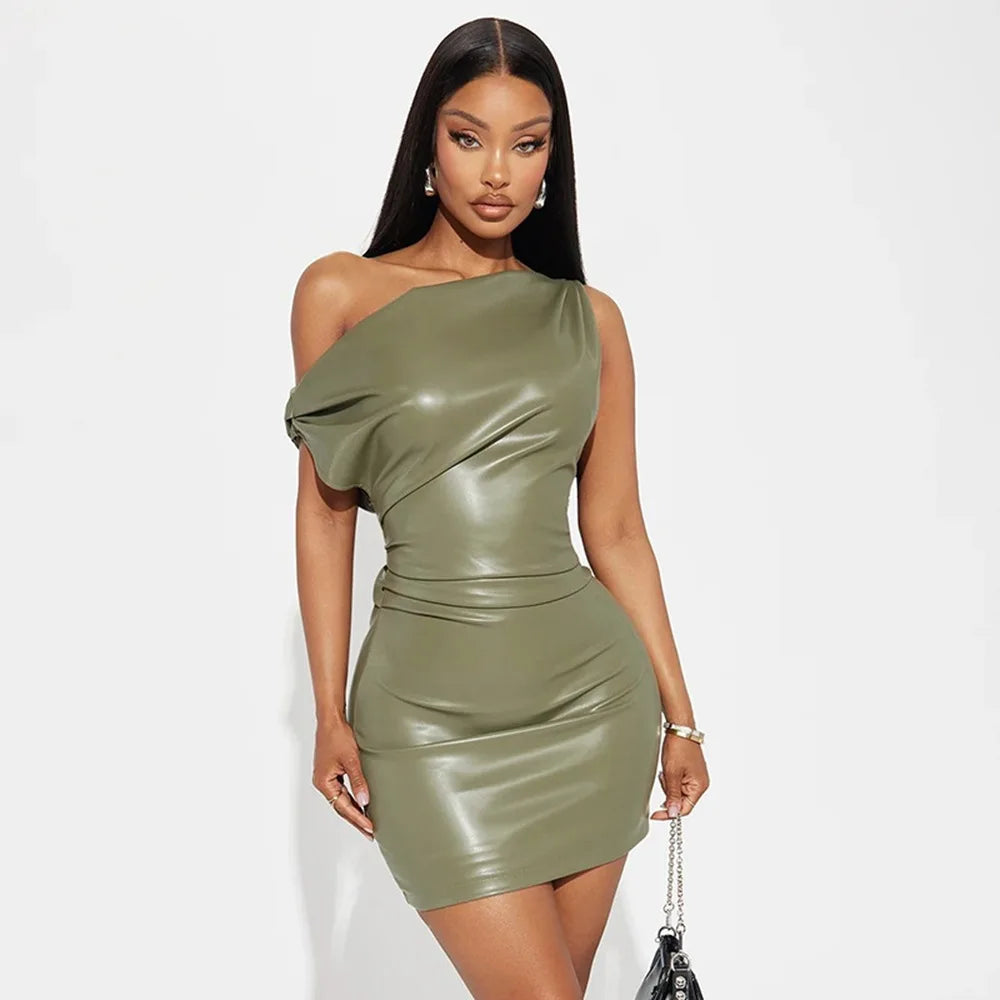 Talenza Off Shoulder PU Leather Dress Women Sexy Solid Tight Pleated Short Dress Party Club Sleeveless Leather Dress Vestidos