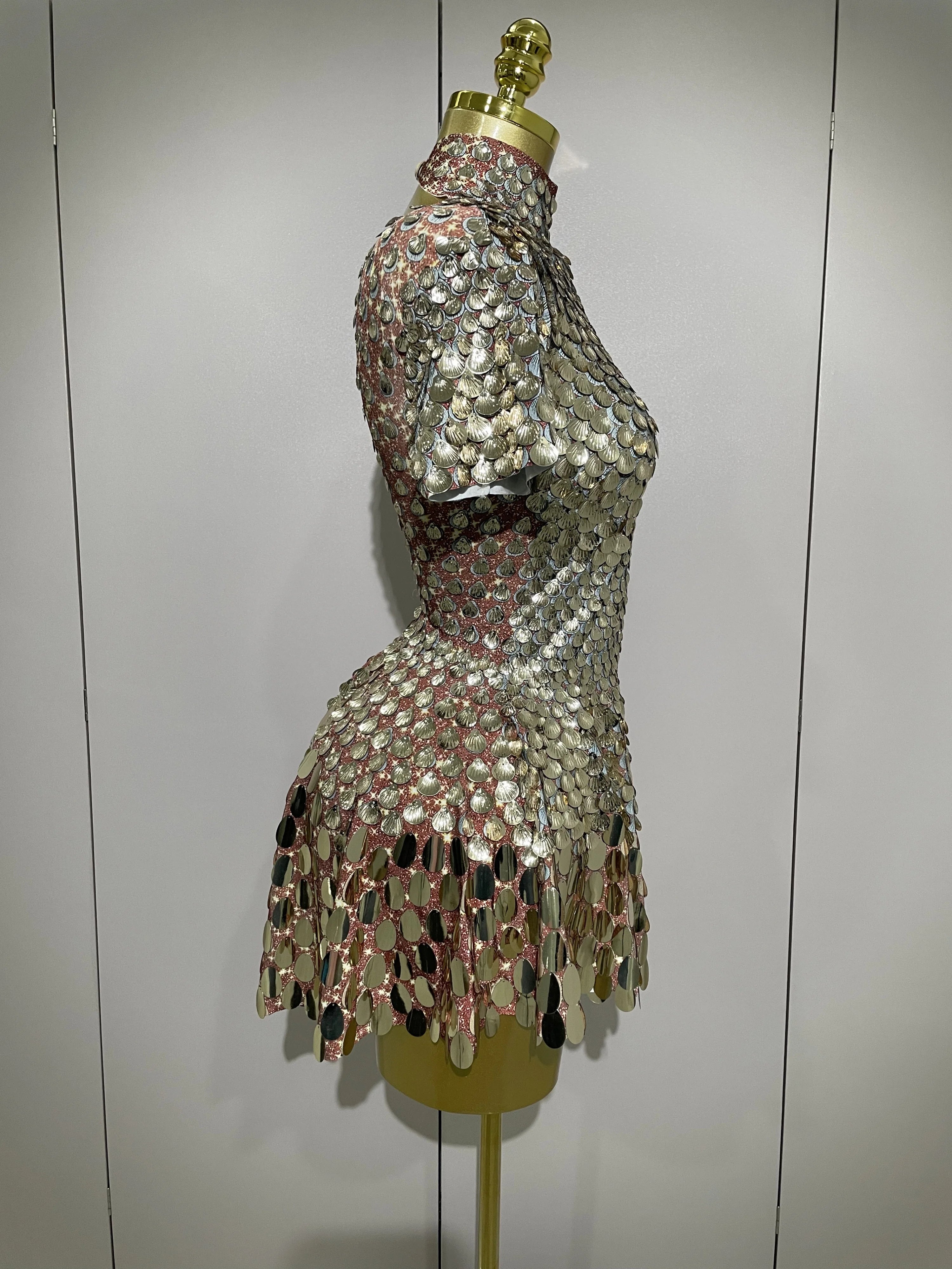 Luxury High Quality Shiny Shell Sequins Bodysuit Dress Women Sexy Nightclub Dance Performance Clothing Birthday party Dresses