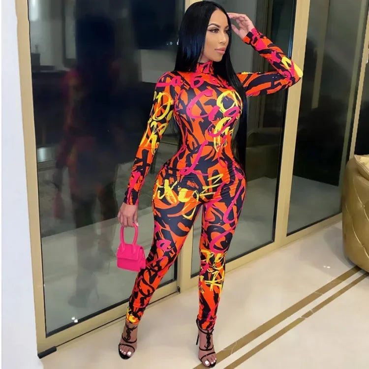 CM.YAYA Active Tie Dye Letter Print Turtleneck Bodycon Jumpsuit for Women Sexy Club One Piece Overall Bodycon Rompers Outfits
