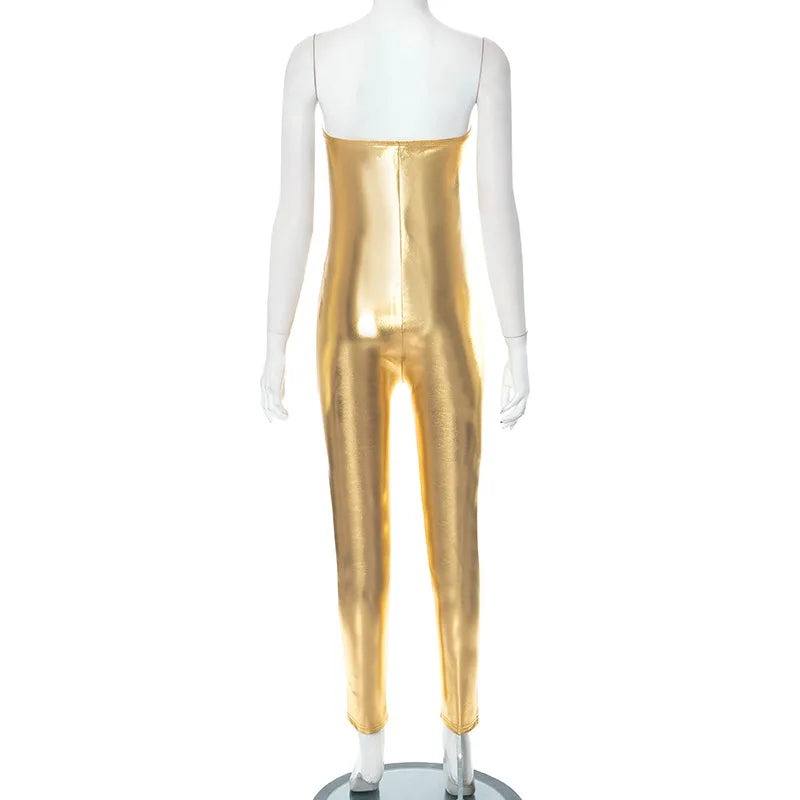 Women Shiny Silver Gold PU Leather Jumpsuit Metallic Color Leather Romper Sleeveless Off Shoulder Slim Jumpsuit Outfits Overalls