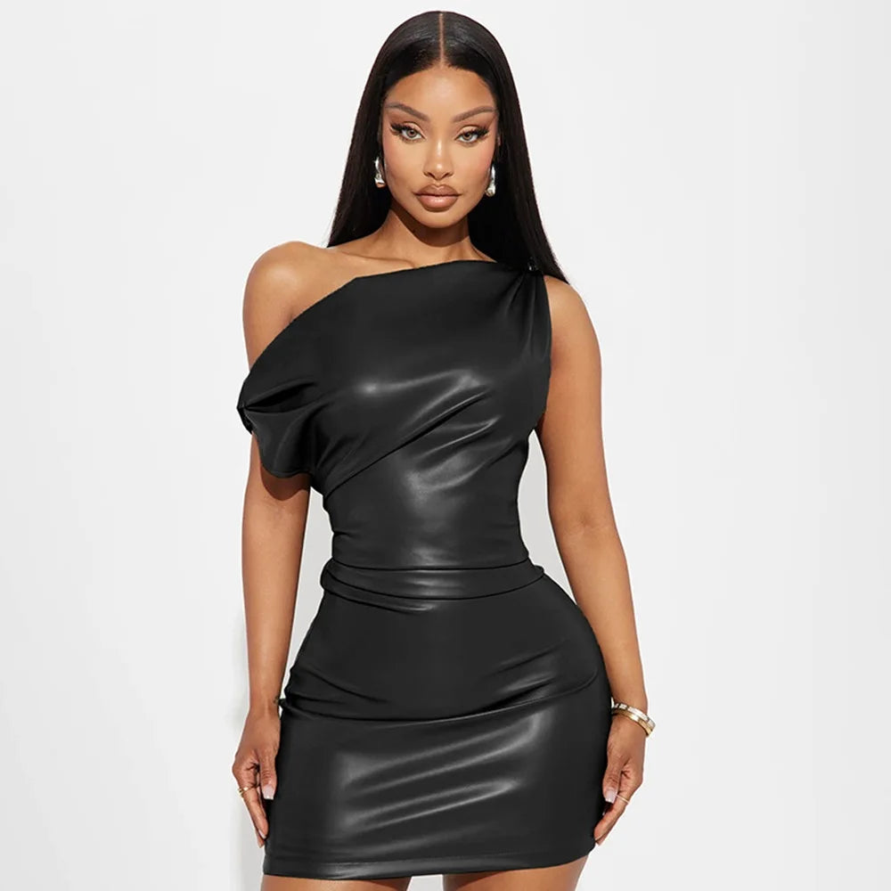 Talenza Off Shoulder PU Leather Dress Women Sexy Solid Tight Pleated Short Dress Party Club Sleeveless Leather Dress Vestidos