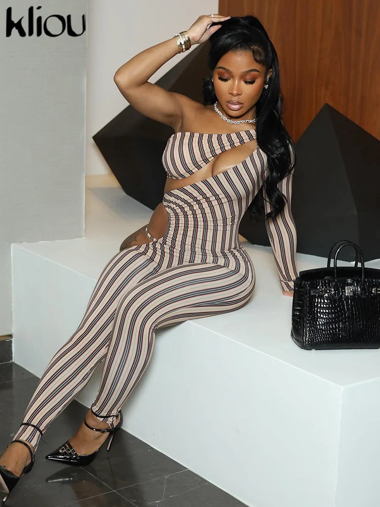kliou Striped Printed Women Jumpsuits Sexy Incline Shoulder Hollow Cleavage Skinny Overalls Female Fashion Attractive Clubwear