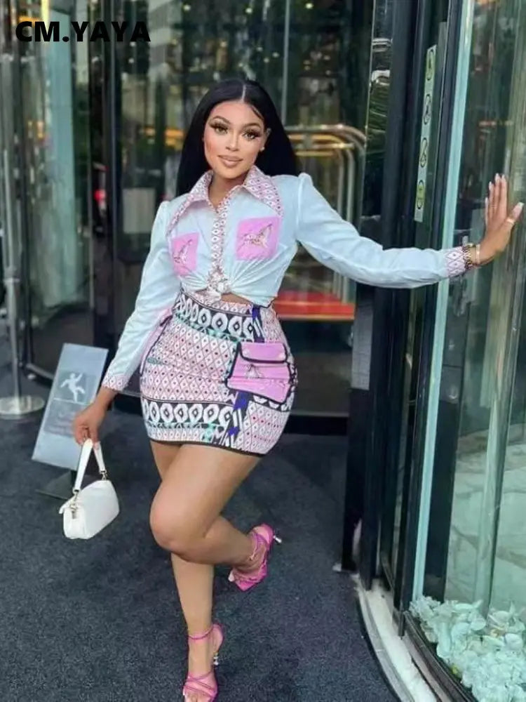 CM.YAYA Vintage 3D Geometrial Printed Women Long Sleeve Shirt and Bodycon Midi Mini Skirt Suit Street INS Two 2 Piece Set Outfit