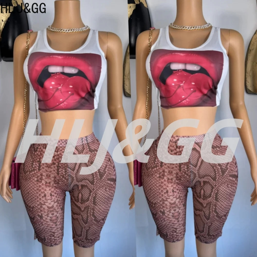 HLJ&GG Summer New Pattern Printing Vest Two Piece Sets Women Sleeveless Slim Tank Crop Top And Snake Skinny Shorts Outfits 2025