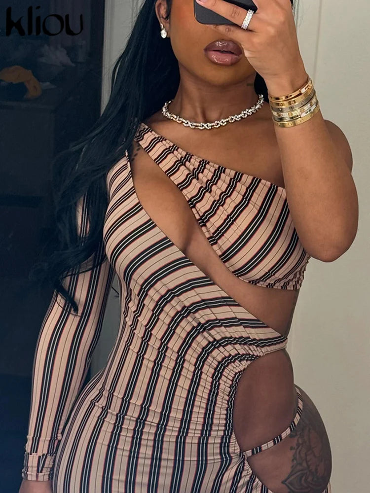 kliou Striped Printed Women Jumpsuits Sexy Incline Shoulder Hollow Cleavage Skinny Overalls Female Fashion Attractive Clubwear