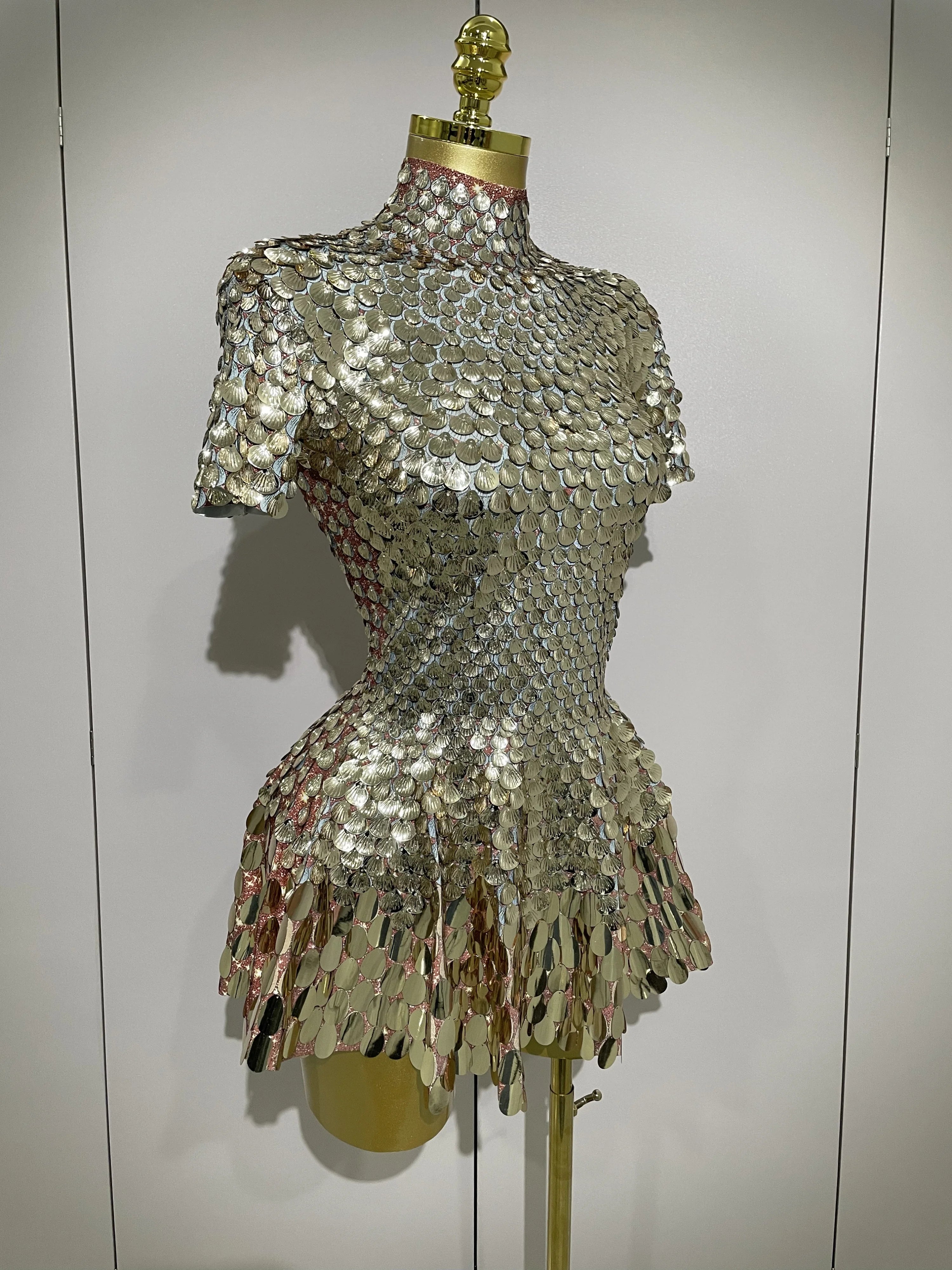 Luxury High Quality Shiny Shell Sequins Bodysuit Dress Women Sexy Nightclub Dance Performance Clothing Birthday party Dresses