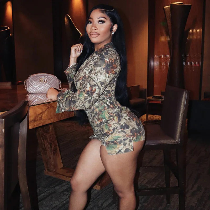 Simenual Streetwear Camouflage Print Long Sleeve Playsuits Women 90s Grunge Zip-up Skinny Rompers Cyber Y2K One-piece Playsuit