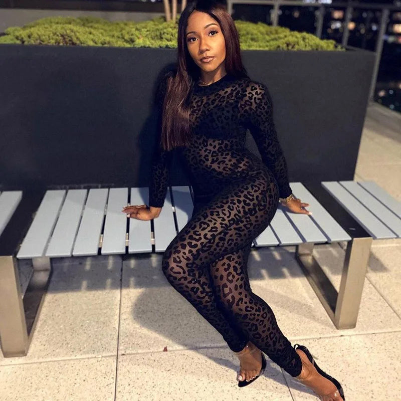 Animal Instinct Mesh Bodystocking Leopard See Through Velour Long Sleeve Rompers Womens Jumpsuit Sexy Midnight Clubwear