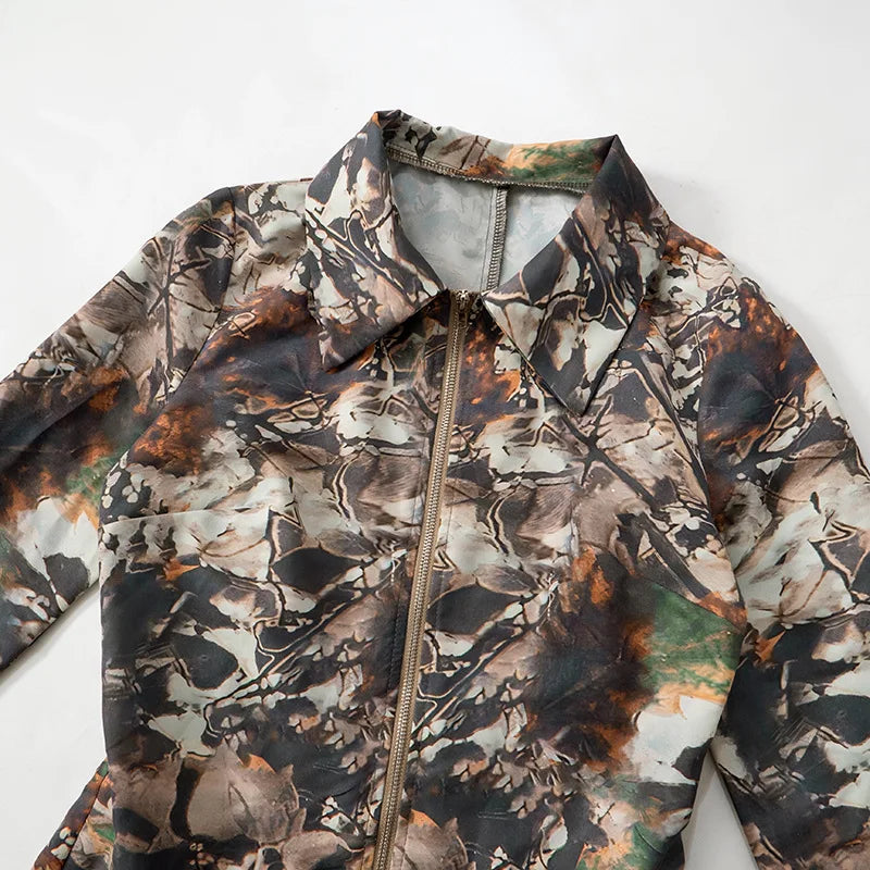 Simenual Streetwear Camouflage Print Long Sleeve Playsuits Women 90s Grunge Zip-up Skinny Rompers Cyber Y2K One-piece Playsuit