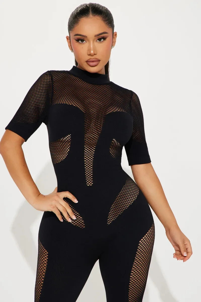 CM.YAYA Short Sleeve Women Mesh Hollow Out O-neck Rompers Jumpsuits 2024 Summer Sleep Night Club Party One Piece Sexy Outfits