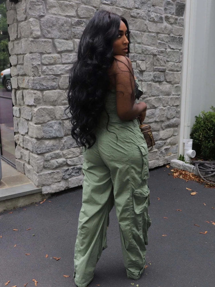 CM.YAYA Fashion Women Strapless Button Front Ruched Cargo Jumpsuit 2023 Autumn Sexy Party Street Playsuit One Piece Suit Romper