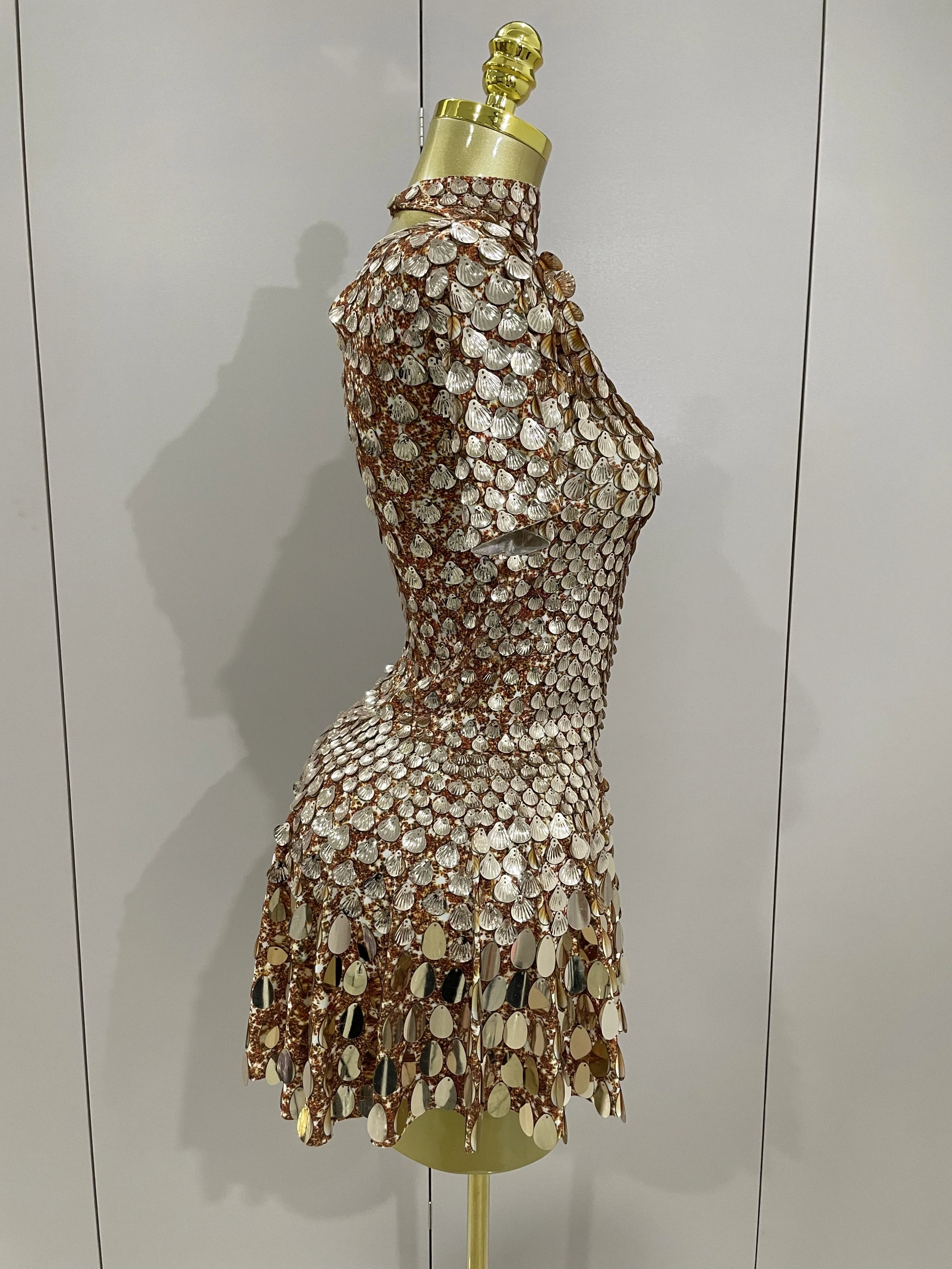 Luxury High Quality Shiny Shell Sequins Bodysuit Dress Women Sexy Nightclub Dance Performance Clothing Birthday party Dresses