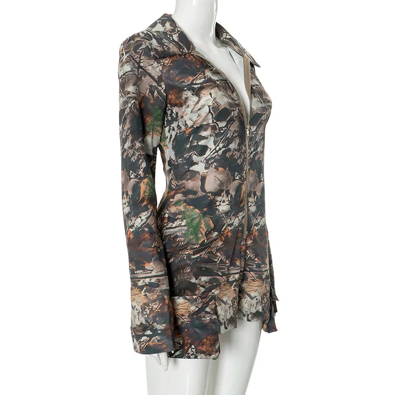 Simenual Streetwear Camouflage Print Long Sleeve Playsuits Women 90s Grunge Zip-up Skinny Rompers Cyber Y2K One-piece Playsuit