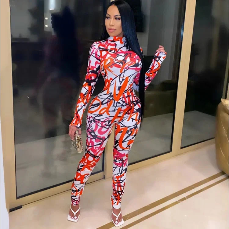 CM.YAYA Active Tie Dye Letter Print Turtleneck Bodycon Jumpsuit for Women Sexy Club One Piece Overall Bodycon Rompers Outfits