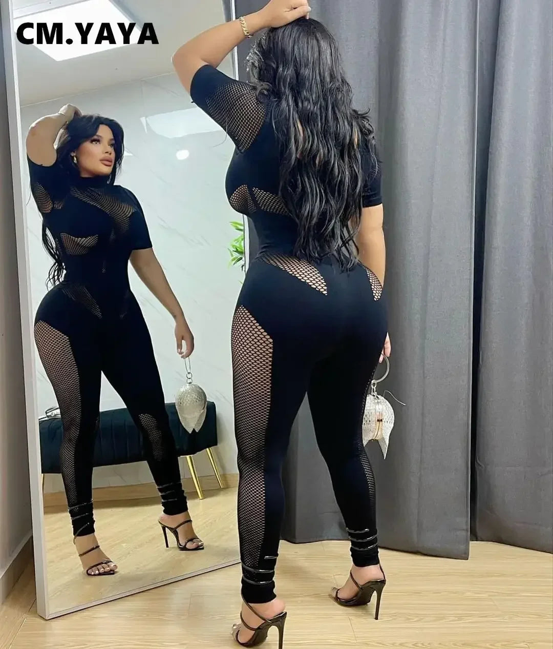 CM.YAYA Short Sleeve Women Mesh Hollow Out O-neck Rompers Jumpsuits 2024 Summer Sleep Night Club Party One Piece Sexy Outfits