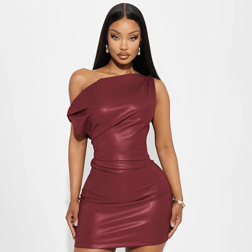 Talenza Off Shoulder PU Leather Dress Women Sexy Solid Tight Pleated Short Dress Party Club Sleeveless Leather Dress Vestidos